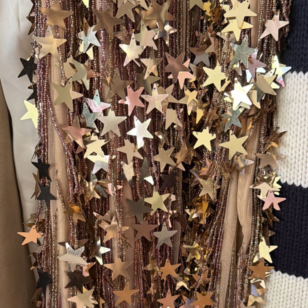 Nasty Gal Women's Beige Mesh Sheer Star Sequin Beaded Mini Dress Top US 6 - Picture 6 of 9